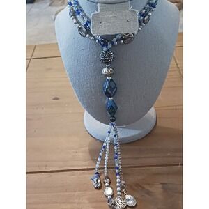 Boho Blue Beaded Y-Necklace Multi Strand Tassel Follow Your Heart Charm Face